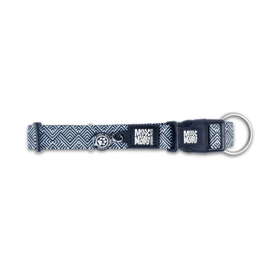 MAX & MOLLY Smart ID Mykonos Black, dog collar, adjustable, polyester, black and white, trident buckle, M(34-55 x 2cm)