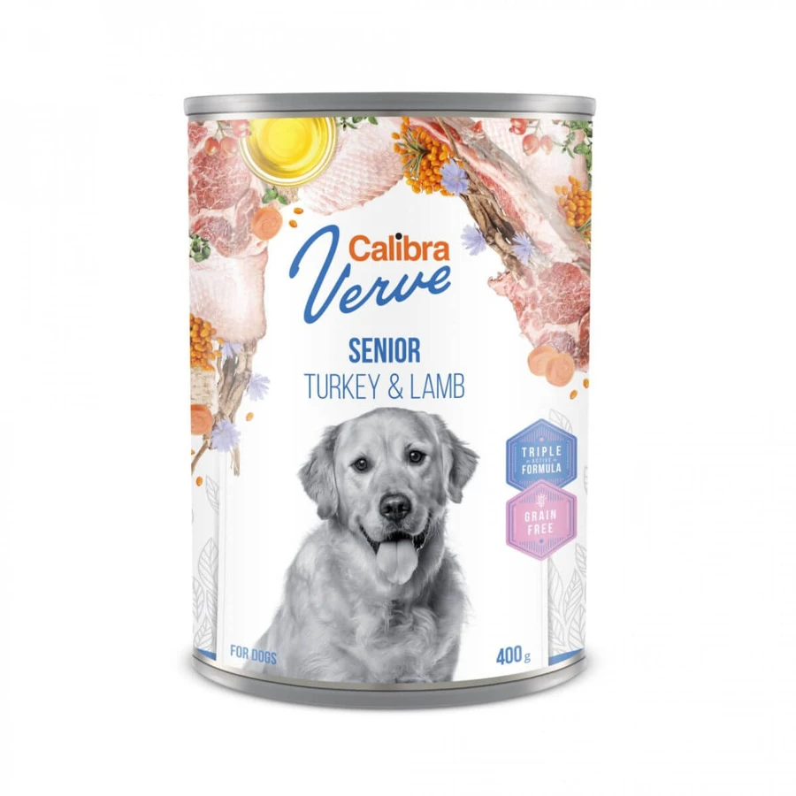 CALIBRA Verve GF Senior, XS-XL, Pavo y Cordero, comida húmeda en lata sin cereales para perros senior, (paté), 400g