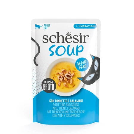 SCHESIR Aanvullende Soep, Tonijn en Inktvis, zakje graanvrij nat kattenvoer, (in soep), 40g