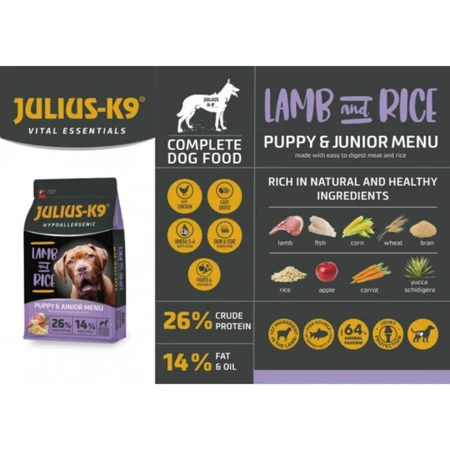 JULIUS-K9 Hypoallergenic Hypoallergenic Puppy&Junior Menu, XS-XL, Honig und Reis, Trockenfutter für junge Hunde, Allergien, 3kg
