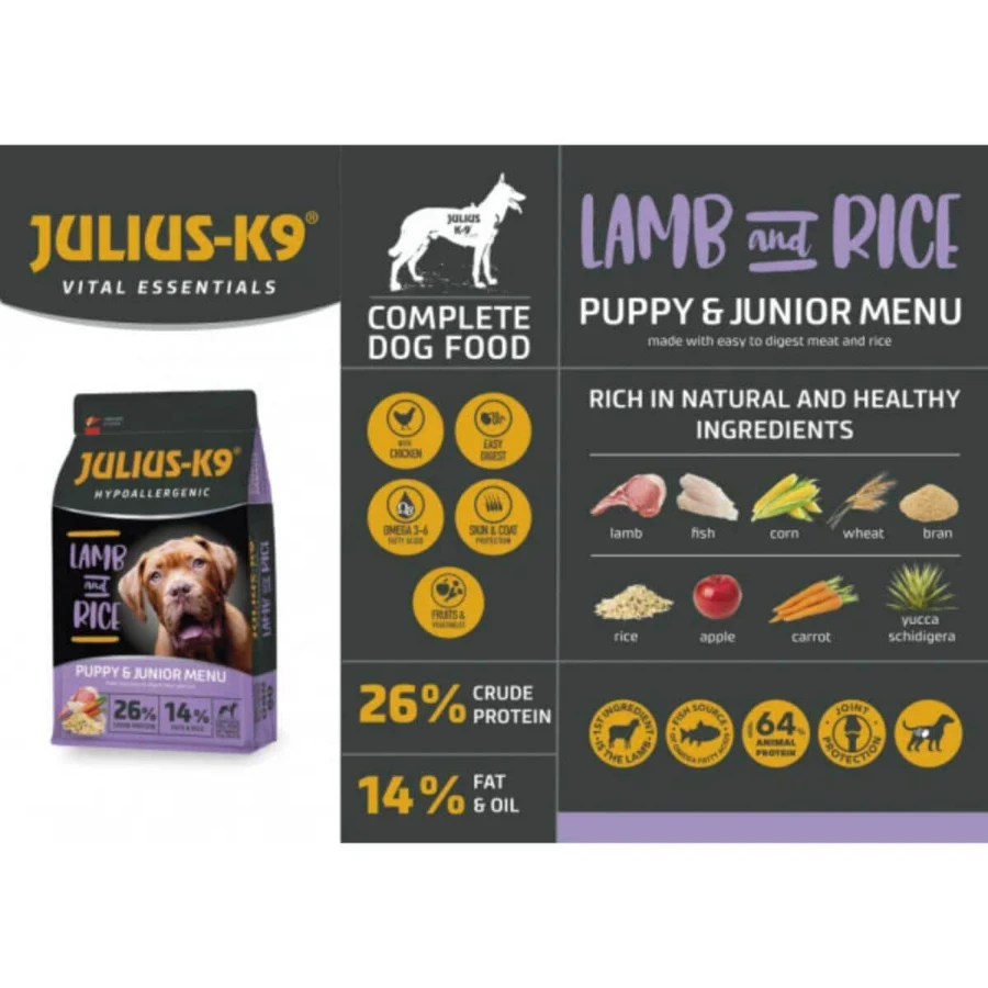 JULIUS-K9 Hypoallergenic Hypoallergenic Puppy&Junior Menu, XS-XL, Honig und Reis, Trockenfutter für junge Hunde, Allergien, 3kg