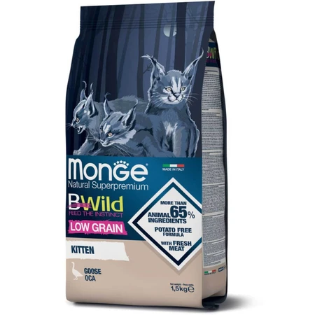 MONGE BWild Kitten, Ganso, alimento seco bajo en granos para gatos jóvenes, 1,5kg