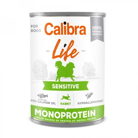 CALIBRA Life Sensitive, XS-XL, Conejo, comida húmeda en lata monoproteica sin cereales para perros, sistema digestivo, (paté), 400g