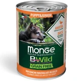 MONGE BWild Puppy&Junior, XS-XL, Eend en pompoen, natvoer in blik, graanvrij, junior honden, (in saus), 400g