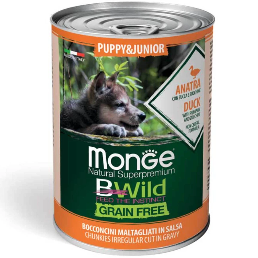 MONGE BWild BWild Puppy&Junior, XS-XL, Ente und Kürbis, Nassfutter in Dosen, getreidefrei, Junior Hunde, (in Sauce), 400g