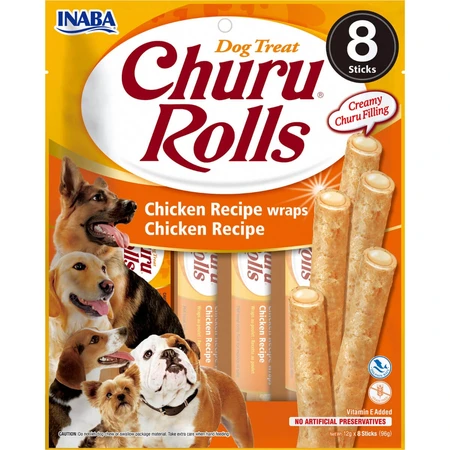 INABA Churu Rolls, XS-XL, Pollo, bolsa de recompensa sin cereales para perros, semimimosa, 92g
