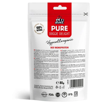 PET'S DESSERT Pure Doggie Delight Hipoalergénico Doggie Delight, XS-XL, ternera, mono proteína sin grano bolsa de recompensa perros, alergias, 80g