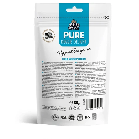 PET'S DESSERT Pure Doggie Delight Hipoalergénico Doggie Delight, XS-XL, Atún, bolsa de recompensa de una sola proteína sin cereales, perros, alergias, 80g