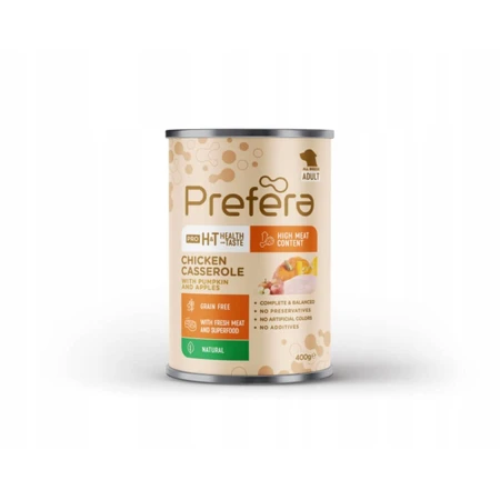 PREFERA Pro H&T Casserole, XS-XL, Kip, blik graanvrij natvoer voor honden, (op eigen sap), 400g