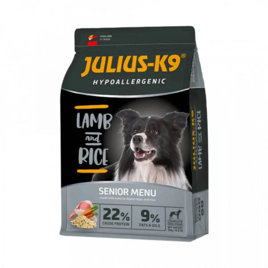 JULIUS-K9 Hypoallergenic Senior Menu, XS-XL, Honing en Rijst, droogvoer voor senior honden, allergieën, 3kg