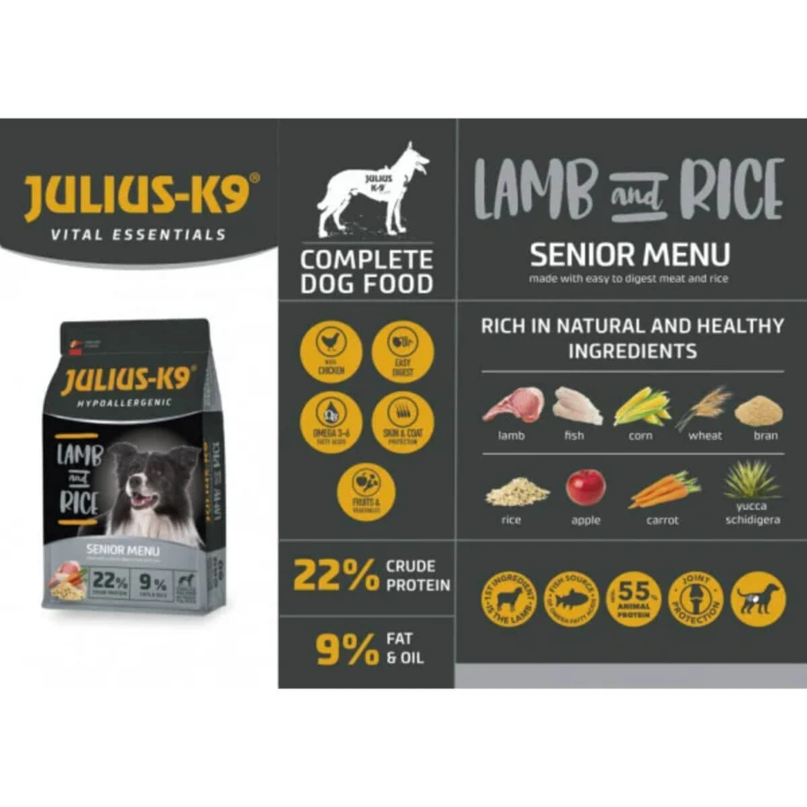 JULIUS-K9 Hypoallergenic Senior Menu, XS-XL, Honing en Rijst, droogvoer voor senior honden, allergieën, 3kg