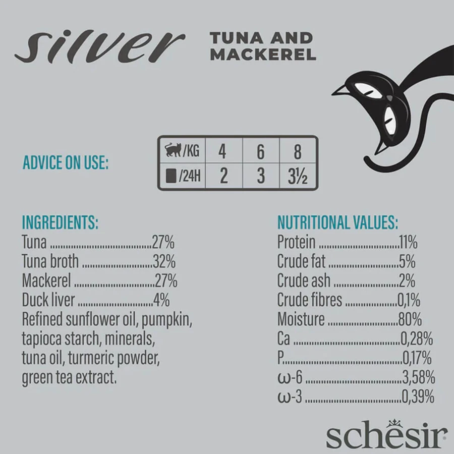 SCHESIR Silver, Atún y Caballa, comida húmeda en lata sin cereales para gatos senior, (en sopa), 70g