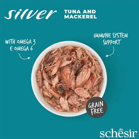 SCHESIR Silver, Atún y Caballa, comida húmeda en lata sin cereales para gatos senior, (en sopa), 70g