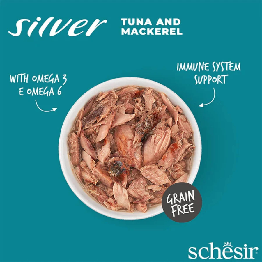 SCHESIR Silver, Atún y Caballa, comida húmeda en lata sin cereales para gatos senior, (en sopa), 70g