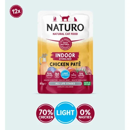 NATURO Indoor Sterilized, Kip, zakje graanvrij natvoer voor gesteriliseerde katten, (pate), 85g