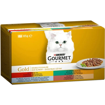 PURINA Gourmet Gold, 4 Geschmacksrichtungen (Rind und Huhn, Ente und Pute, Fisch mit Spinat, Kaninchen und Leber), Multipack, Katzennassfutter in Dosen, (in Sauce), 85g x 4