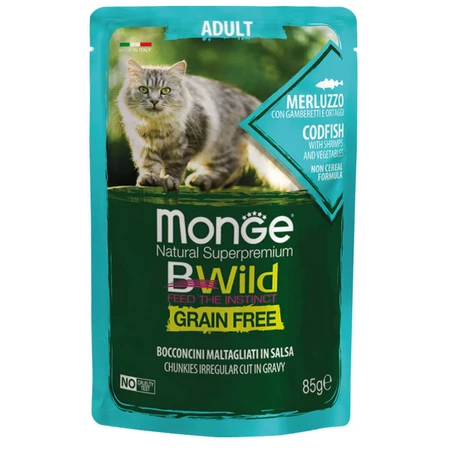 MONGE BWild, Cod and Shrimps, sachet grain-free wet cat food, (in sauce), 85g