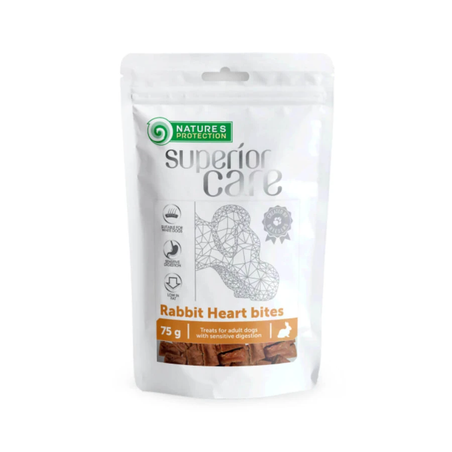 NATURES PROTECTION Superior Care Konijnenhart Bijt, XS-XL, Konijn en Hart, beloningszakje, honden, 75g