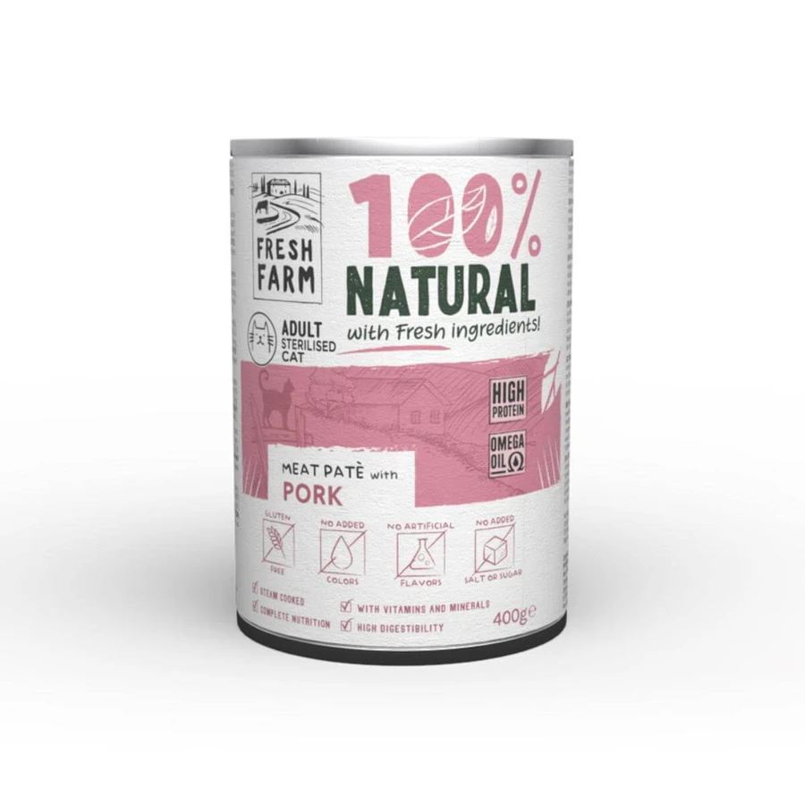 FRESH FARM Smooth Sterilized, Schweinefleisch, Feuchtfutter in Dosen für sterilisierte Katzen, (Pastete), 400g