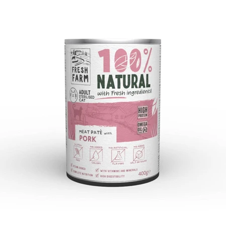 FRESH FARM Smooth Sterilized, Schweinefleisch, Feuchtfutter in Dosen für sterilisierte Katzen, (Pastete), 400g