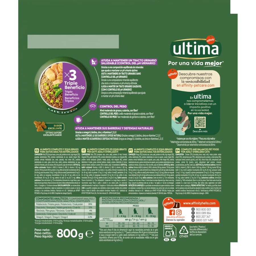ULTIMA Sterilized, Kip, droogvoer voor gesteriliseerde katten, 800g