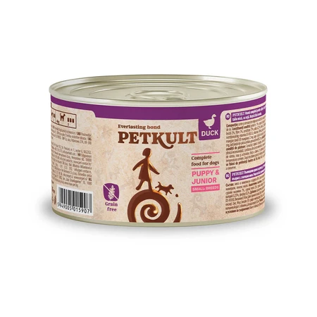 PETKULT Grain Free Mini Junior, Pato, comida húmeda en lata sin cereales para perros junior, 185g