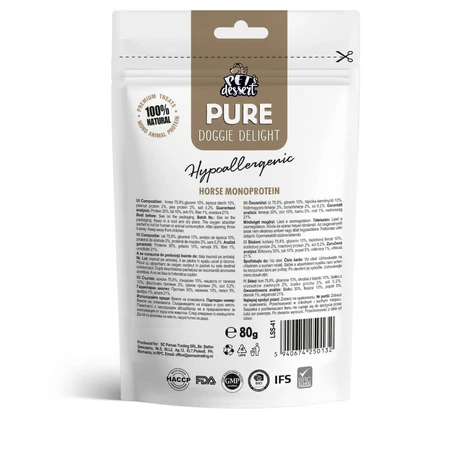 PET'S DESSERT Pure Doggie Delight Hipoalergénico Doggie Delight, XS-XL, Cal, bolsa de recompensa sin cereales y con una sola proteína, perros, alergias, 80g