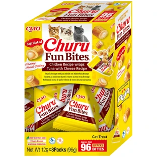INABA Churu Churu Fun Bites, Pollo y Queso, caja de recompensa para gatos sin cereales, 96g