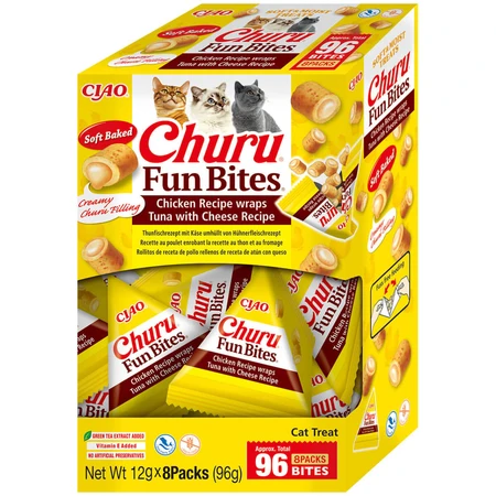 INABA Churu Churu Fun Bites, Pollo y Queso, caja de recompensa para gatos sin cereales, 96g