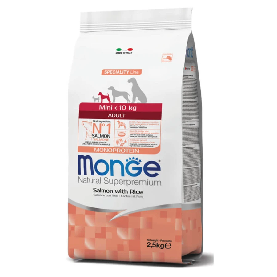 MONGE Natural Superpremium Monoprotein Adult Mini, XS-S, Salmón y Arroz, pienso, 2,5kg