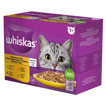 WHISKAS 1+ Poultry Feasts Selections, Poultry, sachet de nourriture humide pour chats, (en aspic), multipack, 85g x 12