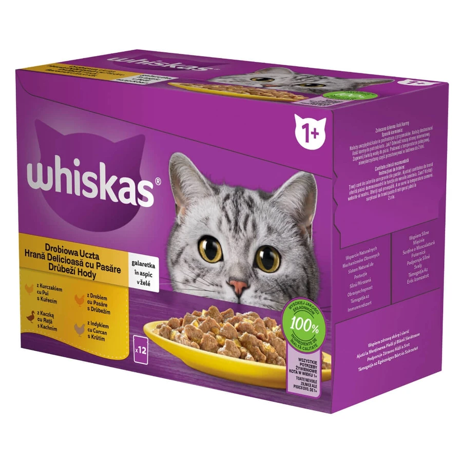 WHISKAS 1+ Poultry Feasts Selections, Poultry, sachet de nourriture humide pour chats, (en aspic), multipack, 85g x 12