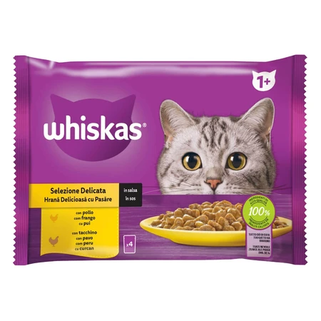 WHISKAS Selections Poultry, Chicken and Turkey, sachet de nourriture humide pour chats, (en sauce), multipack, 85g x 4