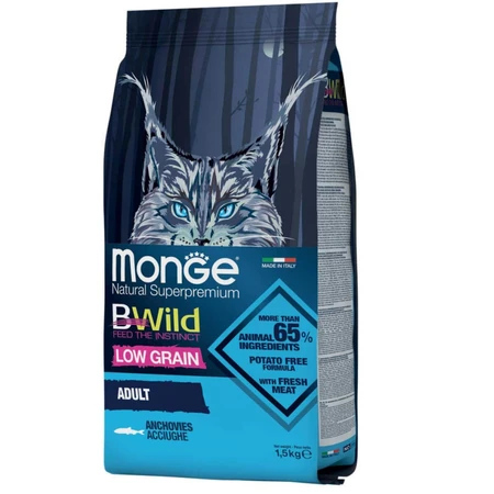 MONGE BWild, Anchoa, alimento seco bajo en granos para gatos, 1.5kg