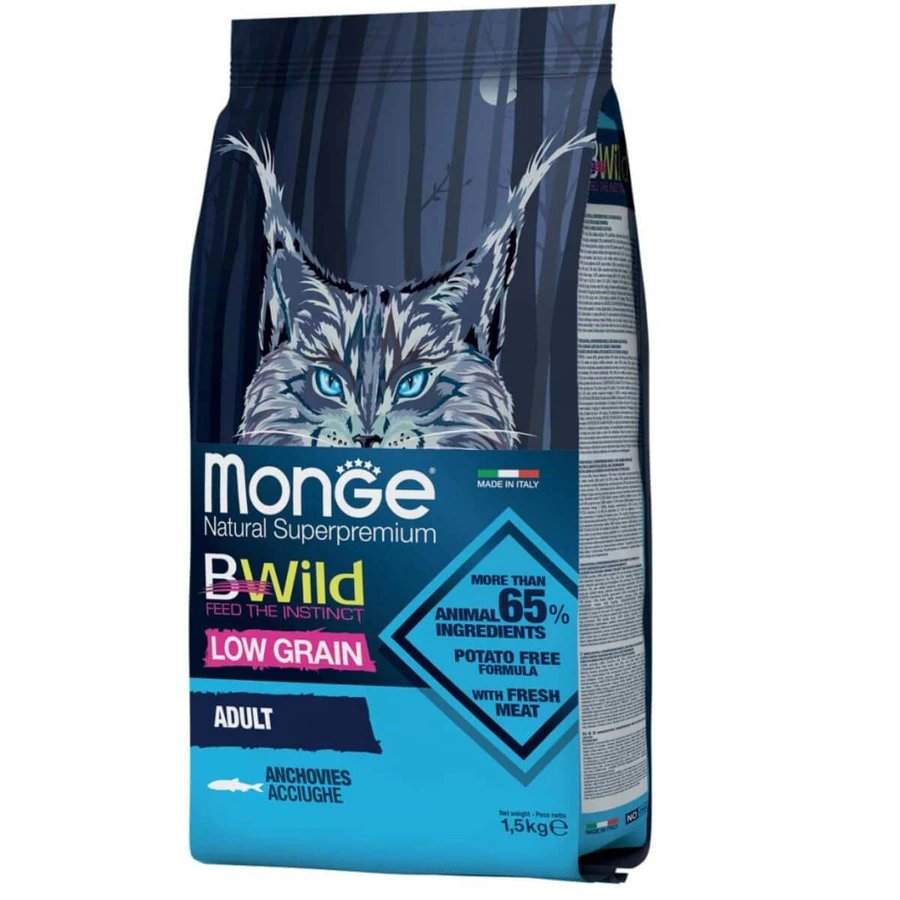 MONGE BWild, Anchoa, alimento seco bajo en granos para gatos, 1.5kg