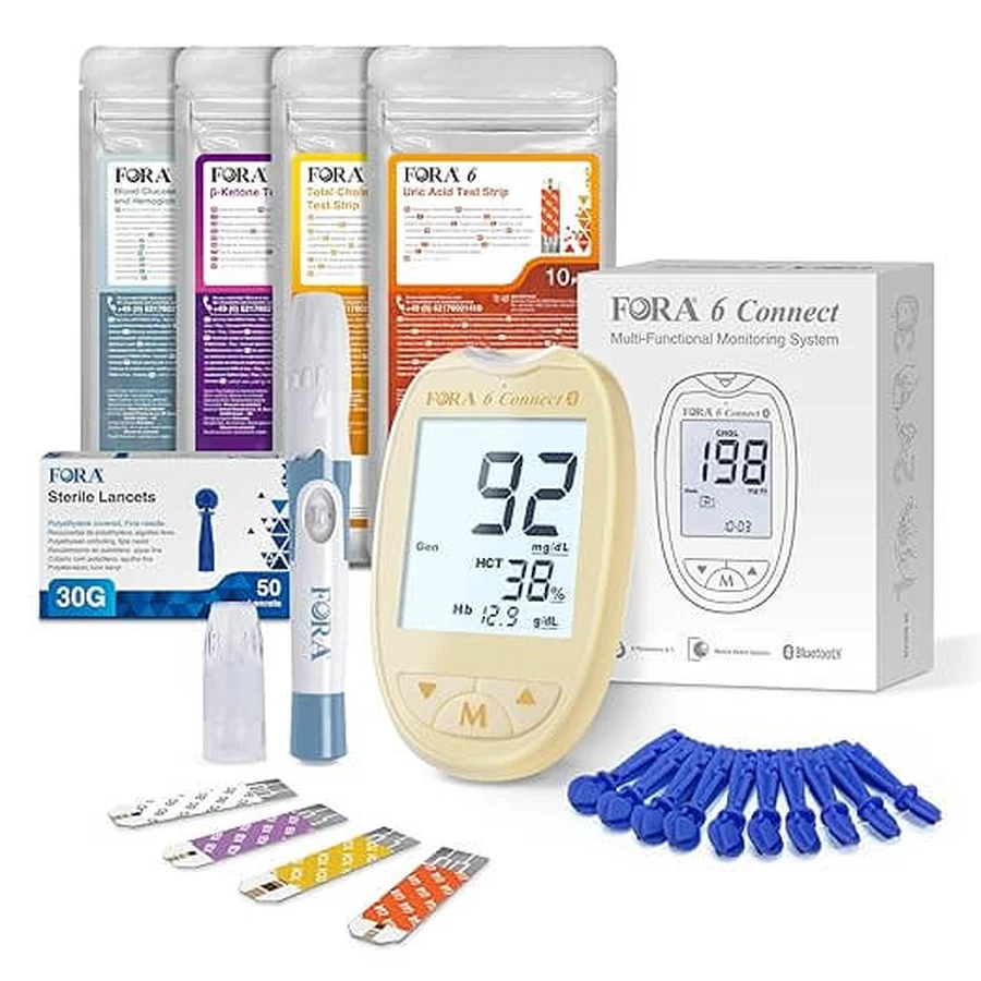 FORA 6 Connect | Medidor 4 en 1 de glucosa en sangre, cetonas, colesterol y ácido úrico | Para uso doméstico | Bluetooth y aplicación | Incluye tiras reactivas y accesorios, púrpura lavanda