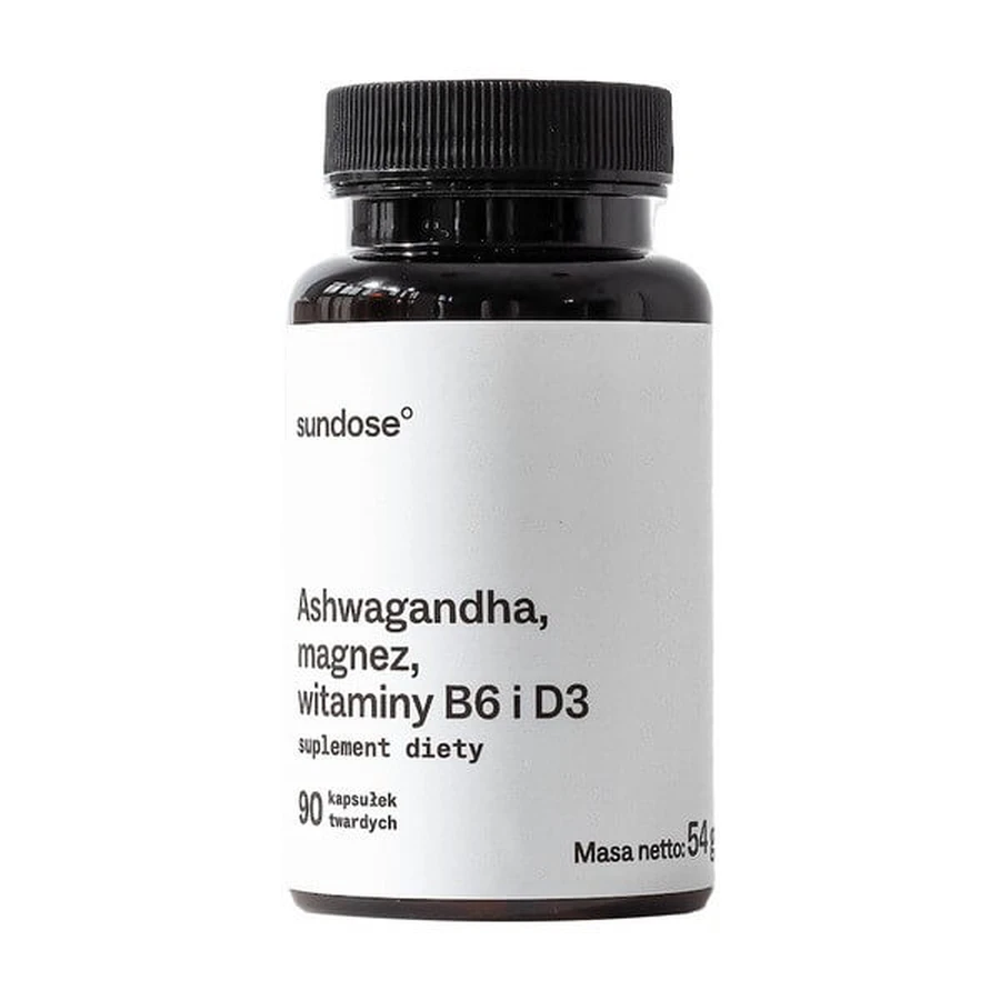 Sundose Ashwagandha, magnesio, vitaminas B6 y D3, cápsulas duras, 90 uds.