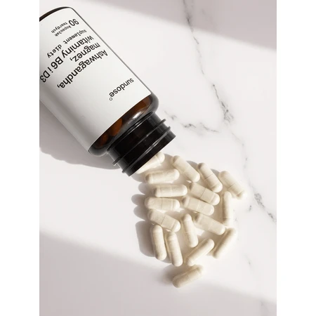 Sundose Ashwagandha, magnesio, vitaminas B6 y D3, cápsulas duras, 90 uds.