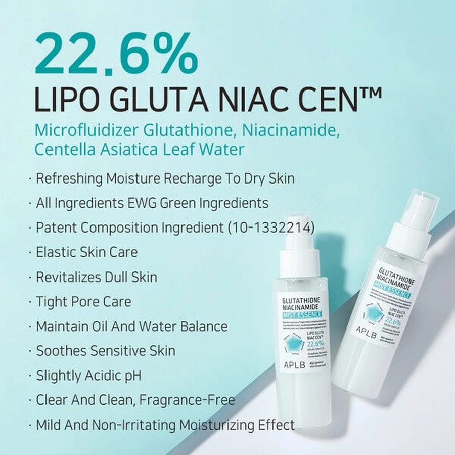 APLB Glutathione Niacinamide Mist Essence, esencia facial iluminadora con glutatión y niacinamida, 105 ml
