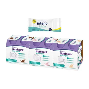 Set Nutridrink Skin Repair, flüssig, Erdbeer-, Schokoladen-, Vanillegeschmack 4 Stk. x 200 ml (x3) + INTENO Soft Care, Hautpflegetücher, 10 s