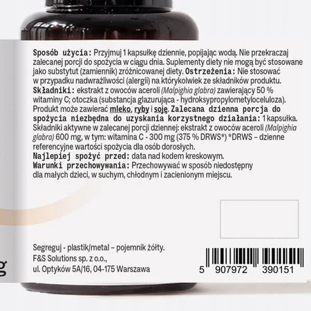 Sundose Vitamina C de extracto de acerola, cápsulas duras, 60 uds.