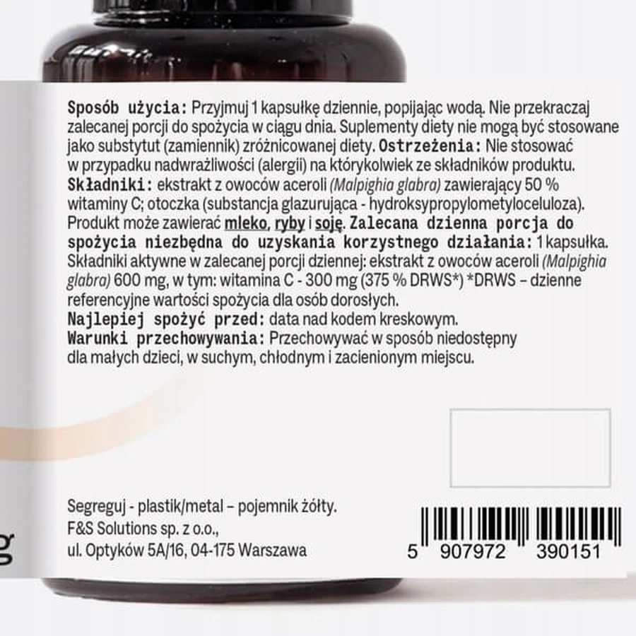 Sundose Vitamina C de extracto de acerola, cápsulas duras, 60 uds.