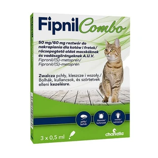 Fipnil Combo 50 mg / 60 mg, solución desmanchante para gatos y hurones, 3 x 0,5 ml