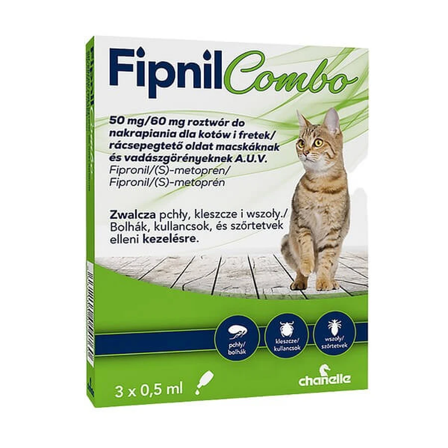 Fipnil Combo 50 mg / 60 mg, solución desmanchante para gatos y hurones, 3 x 0,5 ml