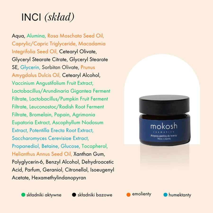 Mokosh, actieve gezichtsscrub, roos en bosbes, 15 ml