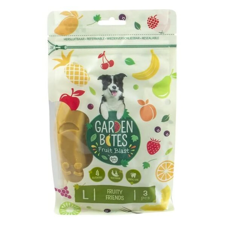 Garden Bites Fruit Blast, Fruity Friends, vegetarische traktatie voor honden, L, 12,5 cm, 3 stuks.