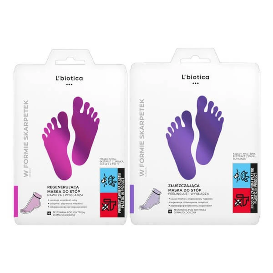 L`Biotica set, regenerating foot mask, 32 ml + exfoliating foot mask in the form of soaked socks, 40 ml