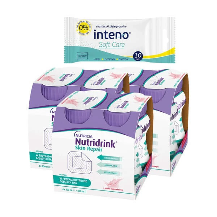 Set de 3 x Nutridrink Skin Repair, sabor fresa, líquido, 4 x 200 ml + INTENO Soft Care, toallitas para el cuidado de la piel, 10 uds.