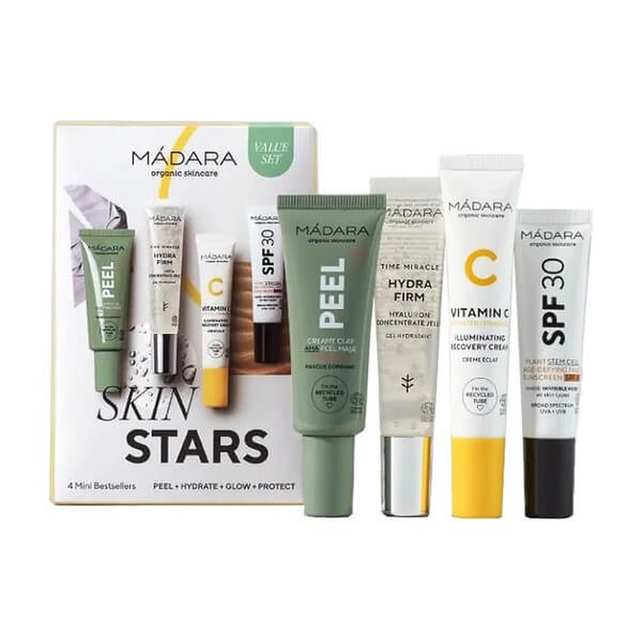 Madara Skin Stars 4 Mini Bestseller Set, mask, 17 ml + moisturizing serum, 15 ml + vitamin C cream, 15 ml + anti-wrinkle cream, 10 ml