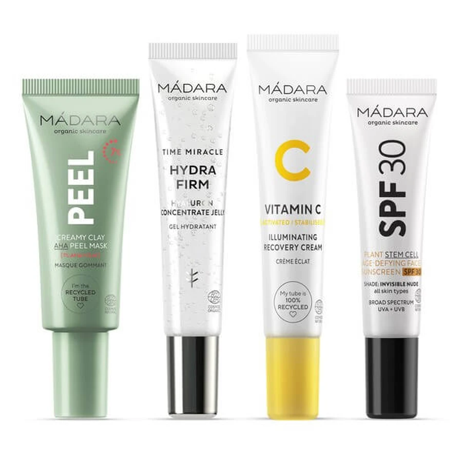 Madara Skin Stars 4 Mini Bestseller Set, mask, 17 ml + moisturizing serum, 15 ml + vitamin C cream, 15 ml + anti-wrinkle cream, 10 ml